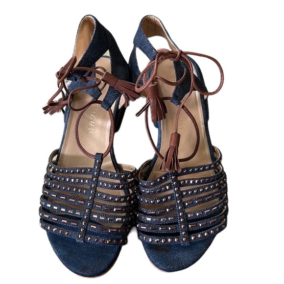 Stuart Weitzman Skippity Antique Denim Strappy Tassel Wrap Sandals 7.5 - Picture 6 of 16